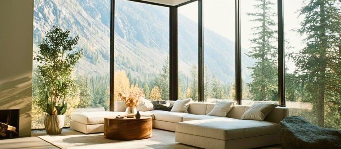 Montana living room with mountain views and calm, minimalist interior