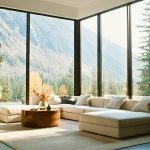 Montana living room with mountain views and calm, minimalist interior