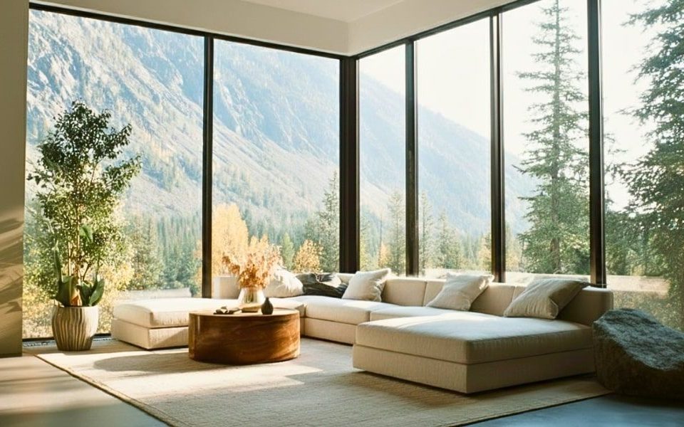 Montana living room with mountain views and calm, minimalist interior