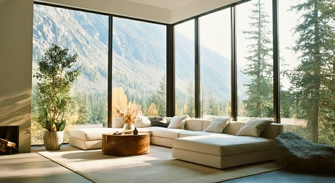 Montana living room with mountain views and calm, minimalist interior